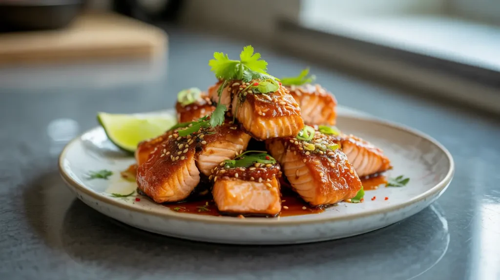 Crispy Bang Bang Salmon recipe topped with a creamy, spicy sauce, garnished with fresh cilantro, sesame seeds, and green onions served with zesty lime wedges for a bold and flavorful finish.