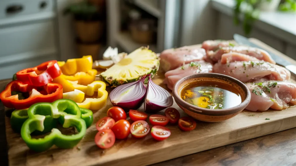 Fresh, colorful ingredients for the perfect Hawaiian Chicken Sheet Pan Recipe Mediterranean Diet style
Juicy chicken breasts, bell peppers (red, yellow, green), cherry tomatoes, red onion, fresh pineapple, and a zesty olive oil herb marinade come together in this healthy one-pan wonder