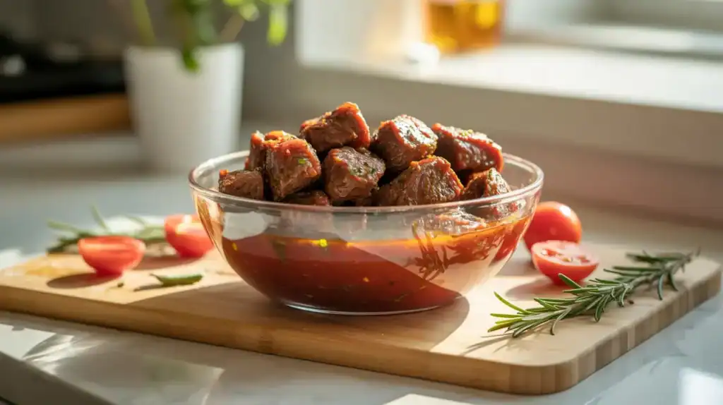 This appetizing photo captures the irresistible flavor of the best air fryer steak bites marinated to perfection. The steak cubes are juicy, tender, and coated in a rich, glossy glaze made from a blend of soy sauce, Worcestershire sauce, olive oil, balsamic vinegar, garlic, honey, and spices. The marinade infuses each bite with bold, savory flavor while the air fryer delivers a caramelized crust without excess oil. Garnished with herbs like rosemary and chili flakes, these steak bites are the perfect balance of crispy, juicy, and deeply seasose.