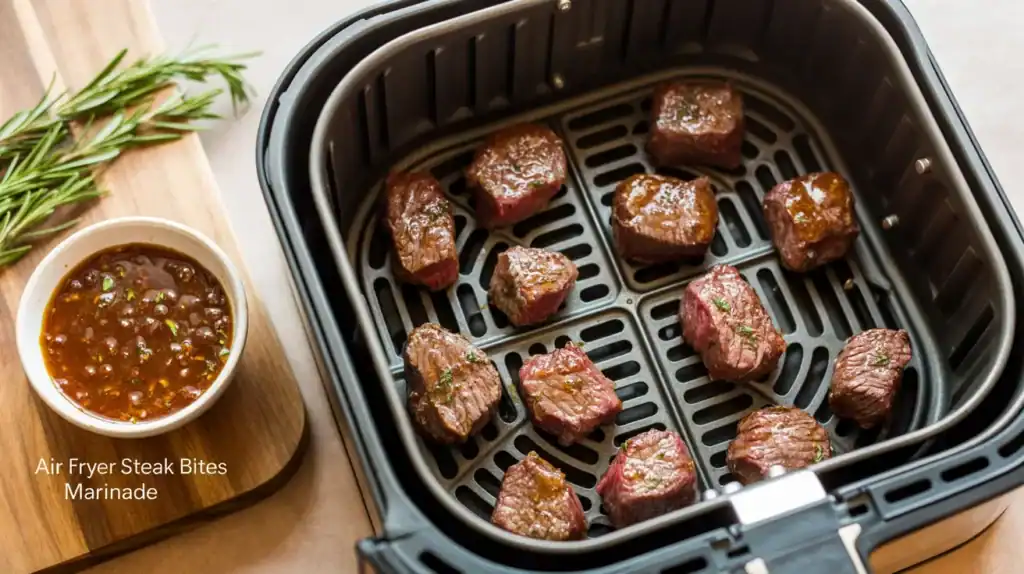 This mouthwatering image highlights the best air fryer steak bites marinade, featuring tender cubes of raw steak coated in a rich, flavorful blend. The marinade includes chopped garlic, herbs like rosemary, and a glossy soy-based sauce, making the steak bites look juicy and perfectly seasoned. Arranged neatly on a wooden board with a sprig of rosemary for garnish, the setup is clean and rustic. In the background, an air fryer is slightly blurred, reinforcing the quick and modern cooking method. The scene captures freshness, flavor, and ease ideal for anyone looking to make the best air fryer steak bites with marinade.