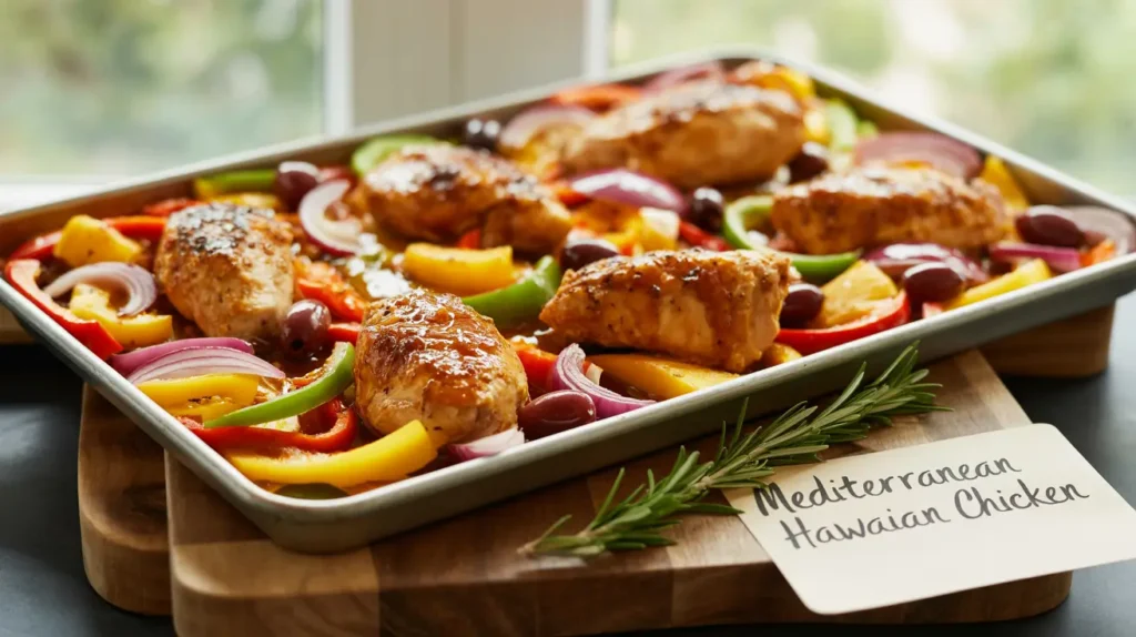 hawaiian chicken sheet pan recipe mediterranean diet, imagine a beautifully arranged tray filled with golden-brown roasted chicken, caramelized pineapple chunks, and a mix of colorful vegetables like bell peppers and zucchini. Black or green olives add a rich Mediterranean touch, contrasting with the vibrant hues. Fresh herbs such as cilantro or parsley are sprinkled on top, enhancing the visual appeal. A light drizzle of lime juice glistens over the ingredients, completing the dish with a fresh, tropical twist.