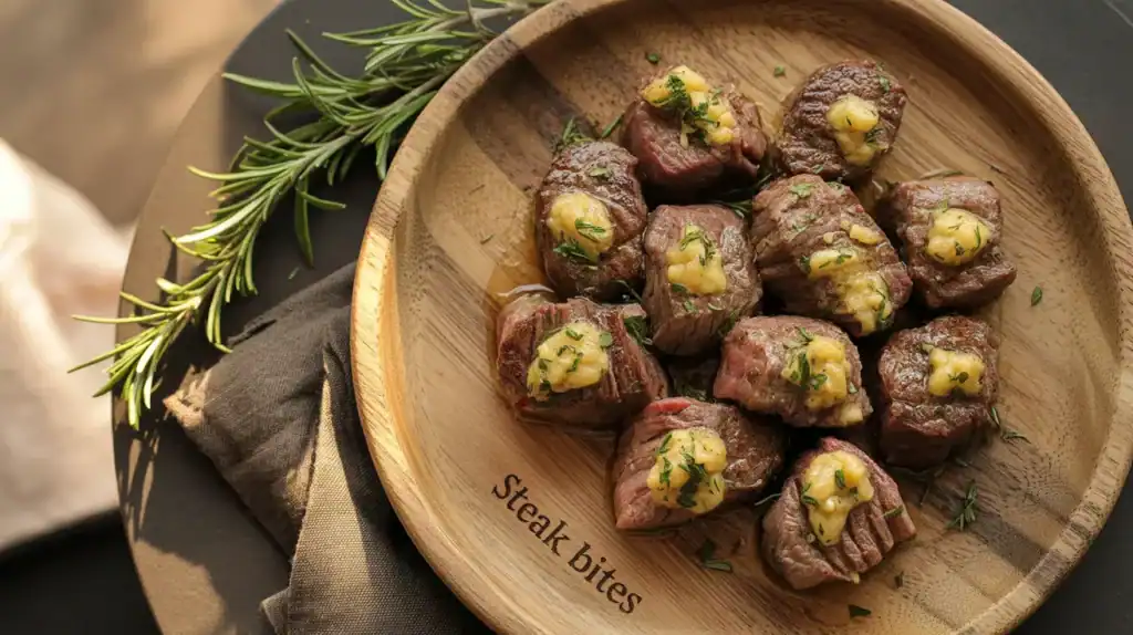 The image shows juicy, medium-cooked steak medallions topped with creamy herb sauce, served hot on a wooden plate with rosemary garnish. Steam rising adds a fresh, warm, and inviting feel perfect for a cozy or special dinner.