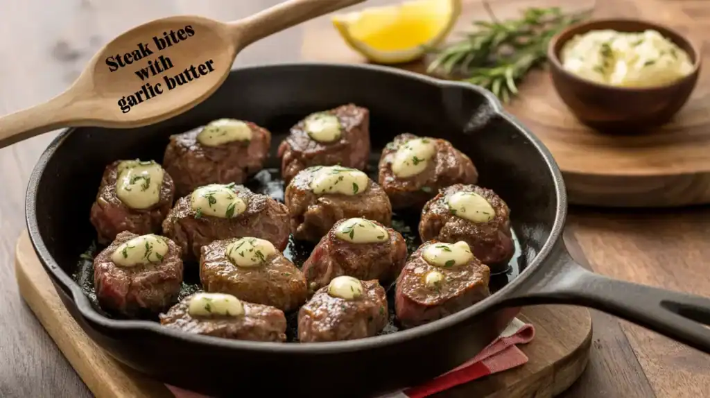 The image presents a series of scenes showing the preparation of garlic butter steak bites in a warm, rustic kitchen. It begins with raw steak cubes and garlic arranged on a wooden board. The next scene captures the steak sizzling in a hot skillet, with steam rising as a golden crust forms. Another frame shows butter melting in a small pan with fresh herbs, releasing rich aroma and flavor. The final scene showcases the finished dish, beautifully plated with garlic butter sauce and garnished with rosemary, creating an inviting and comforting atmosphere.
