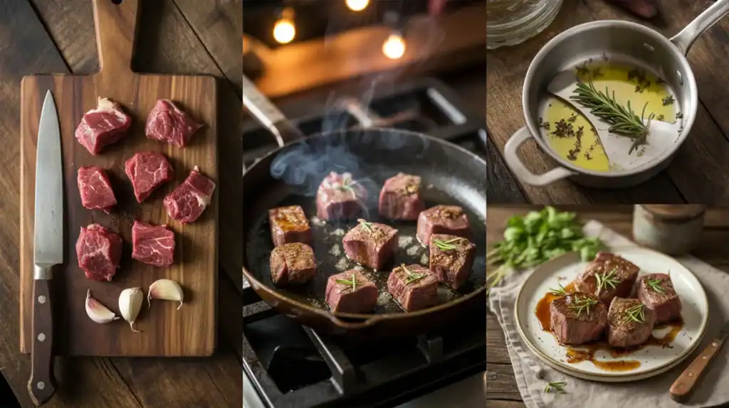 The image shows a step-by-step process of making garlic butter steak bites in a cozy rustic kitchen:
1. Cubed raw steak and garlic on a wooden board.
2. Steak searing in a hot skillet with steam rising.
3. Butter melting with fresh herbs in a small saucepan.
4. Final dish served beautifully with sauce and rosemary garnish.