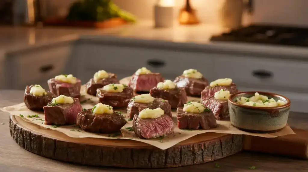 Realistic close-up of juicy steak bites sizzling in a cast-iron skillet, coated in golden garlic butter. Steam rises as the meat sears to perfection. Fresh garlic cloves, rosemary sprigs, and a pat of butter rest on a rustic wooden board nearby. Soft natural light highlights the caramelized crust and glossy sauce, with herbs sprinkled on top for garnish.