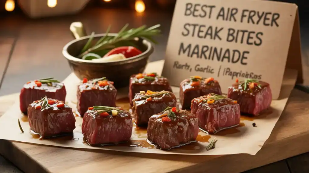 This image beautifully showcases the best air fryer steak bites marinade. Juicy, raw steak bites are neatly arranged on parchment paper, each piece coated in a glossy marinade made with herbs, garlic, and red pepper. The rich seasoning glistens under warm lighting, enhancing their fresh and flavorful appearance. A handwritten sign in the background highlights the key ingredients, reinforcing the homemade, rustic vibe. Perfectly styled, this setup captures the essence of preparing tender, marinated steak bites for the air fryer.