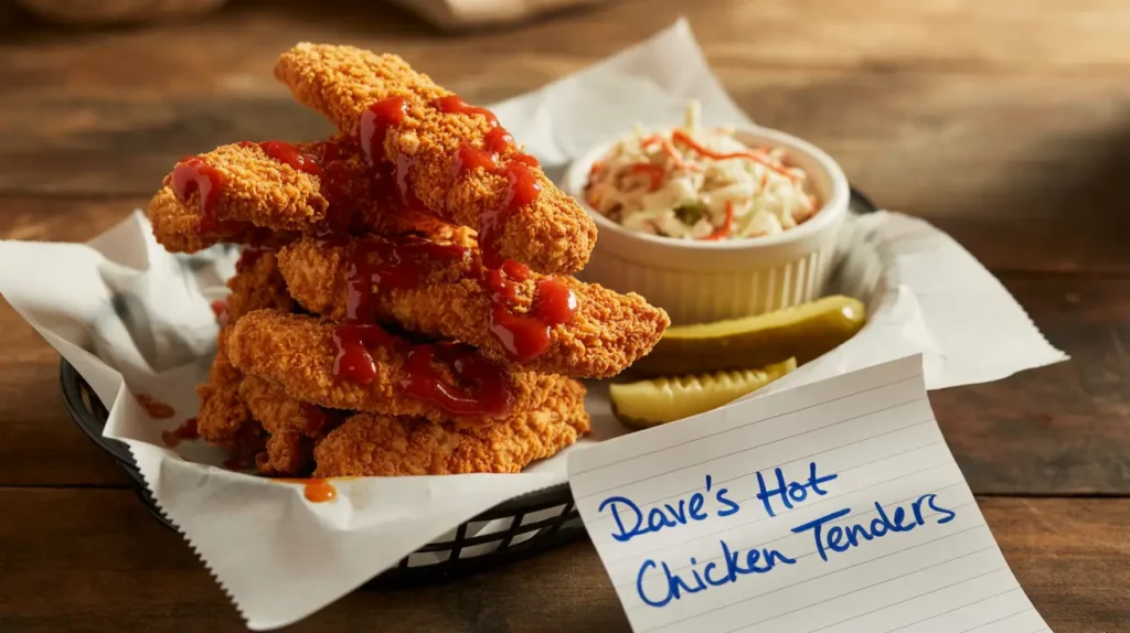 The image shows a mouthwatering plate of hot Dave's hot chicken tenders recipe , styled in a rustic, southern-inspired setting.