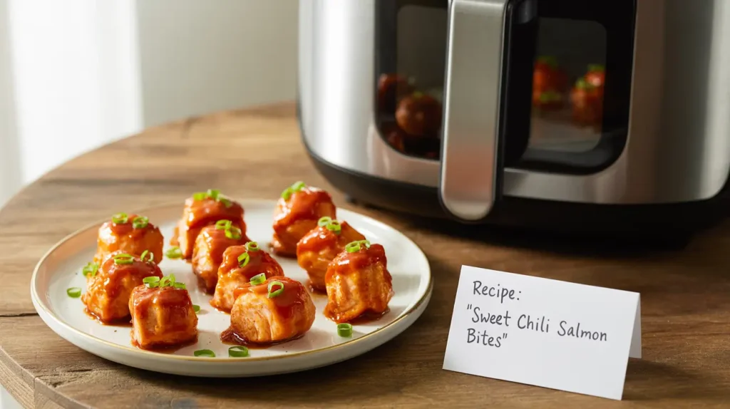 Crispy sweet chili salmon bites made in the air fryer healthy, flavorful, and topped with sesame seeds and green onions. A perfect high-protein snack or appetizer.