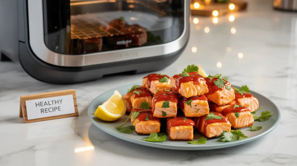 Crispy sweet chili salmon bites made in the air fryer healthy, flavorful, and topped with sesame seeds and green onions. A perfect high-protein snack or appetizer.