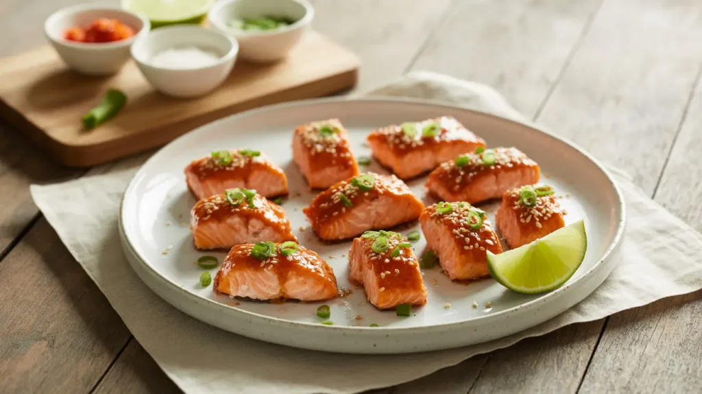 Crispy sweet chili salmon bites made in the air fryer healthy, flavorful, and topped with sesame seeds and green onions. A perfect high-protein snack or appetizer.