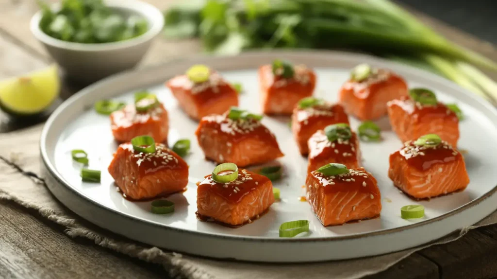 Sweet Chili Salmon Bites crispy, glazed salmon cubes topped with green onions and sesame seeds. Air-fryer for a light, healthy crunch, they’re perfect as appetizers or protein-rich snacks.