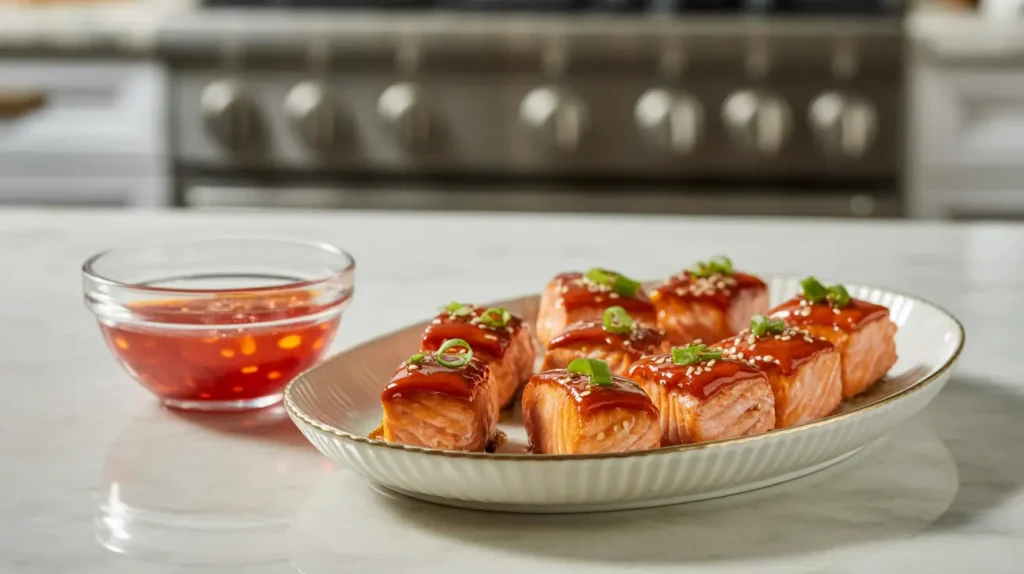 Sweet Chili Salmon Bites crispy, glazed salmon cubes topped with green onions and sesame seeds. Air-fryer for a light, healthy crunch, they’re perfect as appetizers or protein-rich snacks.