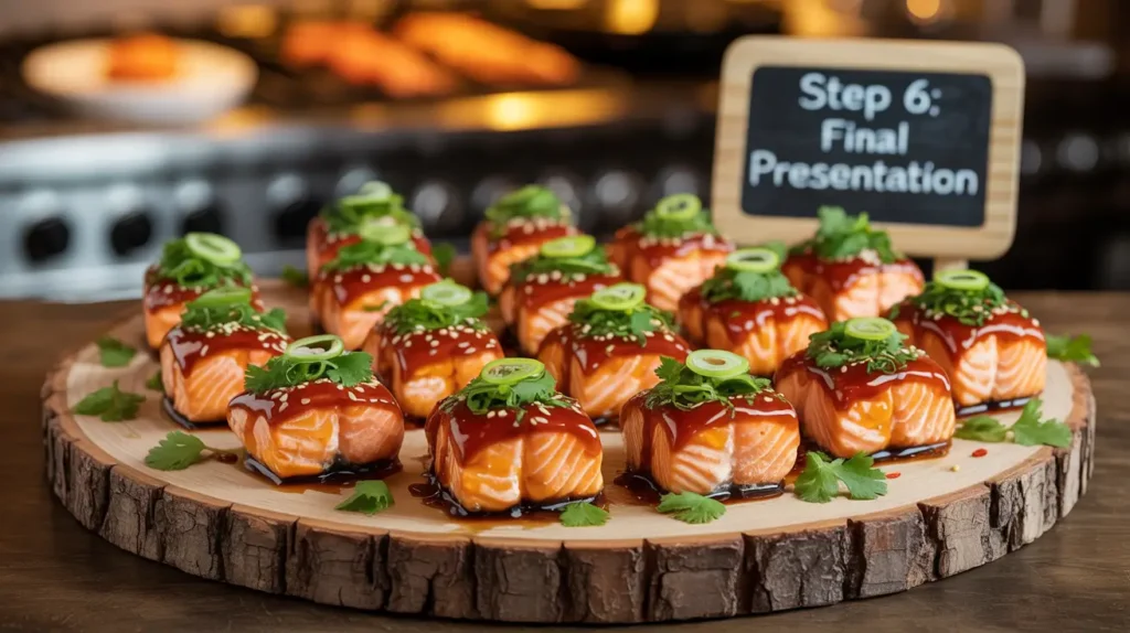 A vibrant plate of Sweet Chili Salmon Bites , cooked to perfection in the air fryer. These golden, crispy salmon cubes are coated in a sticky sweet chili glaze, garnished with sesame seeds and fresh green onions. Lightly crisp on the outside and tender inside, they make a healthy, high-protein recipe that’s perfect for snacks, appetizers, or light meals. A fresh lime wedge and herbs in the background emphasize the freshness and clean ingredients.