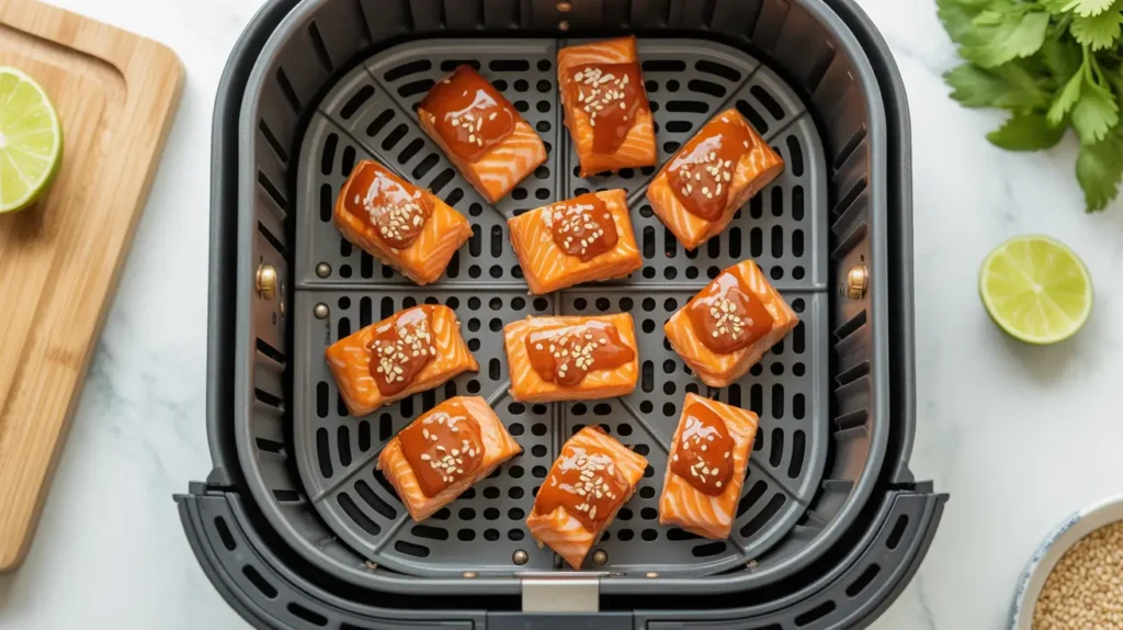 Crispy sweet chili salmon bites made in the air fryer healthy, flavorful, and topped with sesame seeds and green onions. A perfect high-protein snack or appetizer.