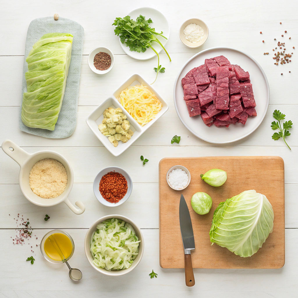 What is the Best Method to Cook Corned Beef and Cabbage Recipe? 2 A clean, overhead shot displays the key ingredients for a classic Corned Beef and Cabbage recipe. The centerpiece is a seasoned corned beef cut, surrounded by fresh cabbage, peeled potatoes, carrots, minced garlic, mixed peppercorns, fresh parsley, and golden broth. The white wooden background and soft lighting highlight the textures and colors, making it ideal for food blogs, recipe cards, or festive content like St. Patrick’s Day.