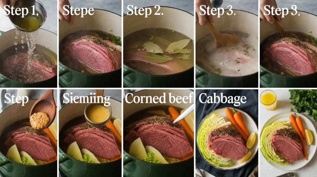 What is the Best Method to Cook Corned Beef and Cabbage Recipe? 4 A visual guide showing the step-by-step process of making corned beef and cabbage. From boiling the seasoned beef with bay leaves and mustard to slicing and plating with cabbage, carrots, and potatoes each panel highlights a key stage in this hearty, traditional recipe.