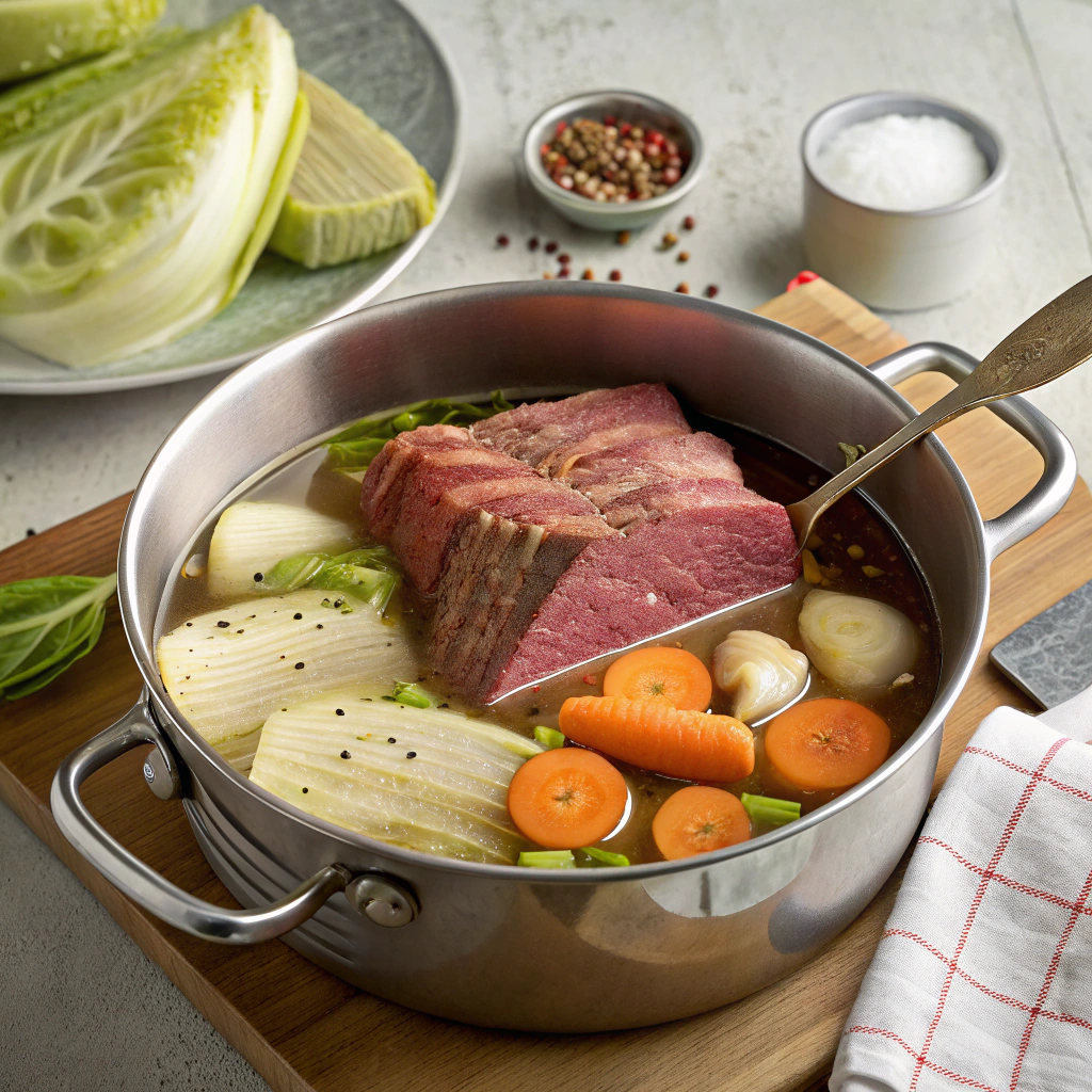 What is the Best Method to Cook Corned Beef and Cabbage Recipe? 3 A cozy kitchen scene showing the step-by-step process of making corned beef and cabbage — rinsing the meat, simmering with spices, adding colorful vegetables, and serving tender sliced beef with cabbage and potatoes on a rustic table.